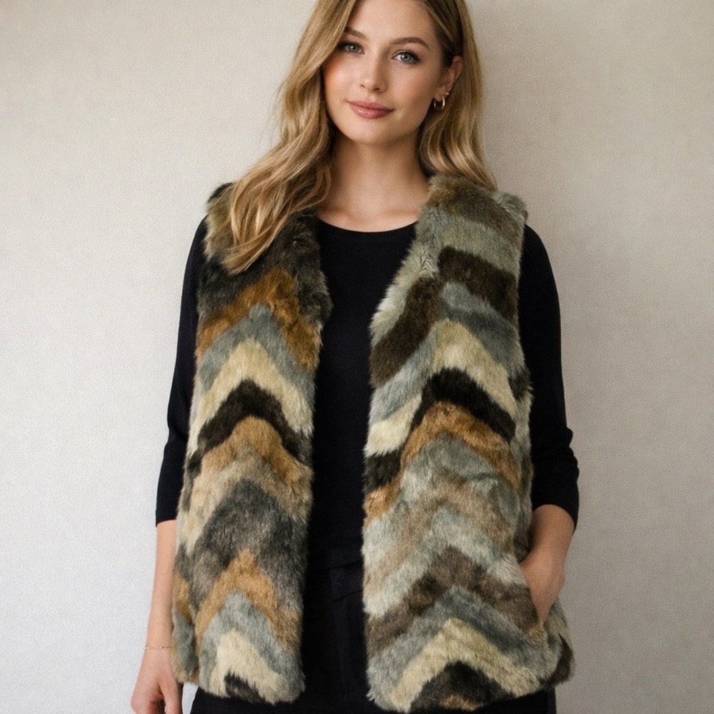 NWT BKE Boutique‎ Chevron Faux Fur Vest Size Large